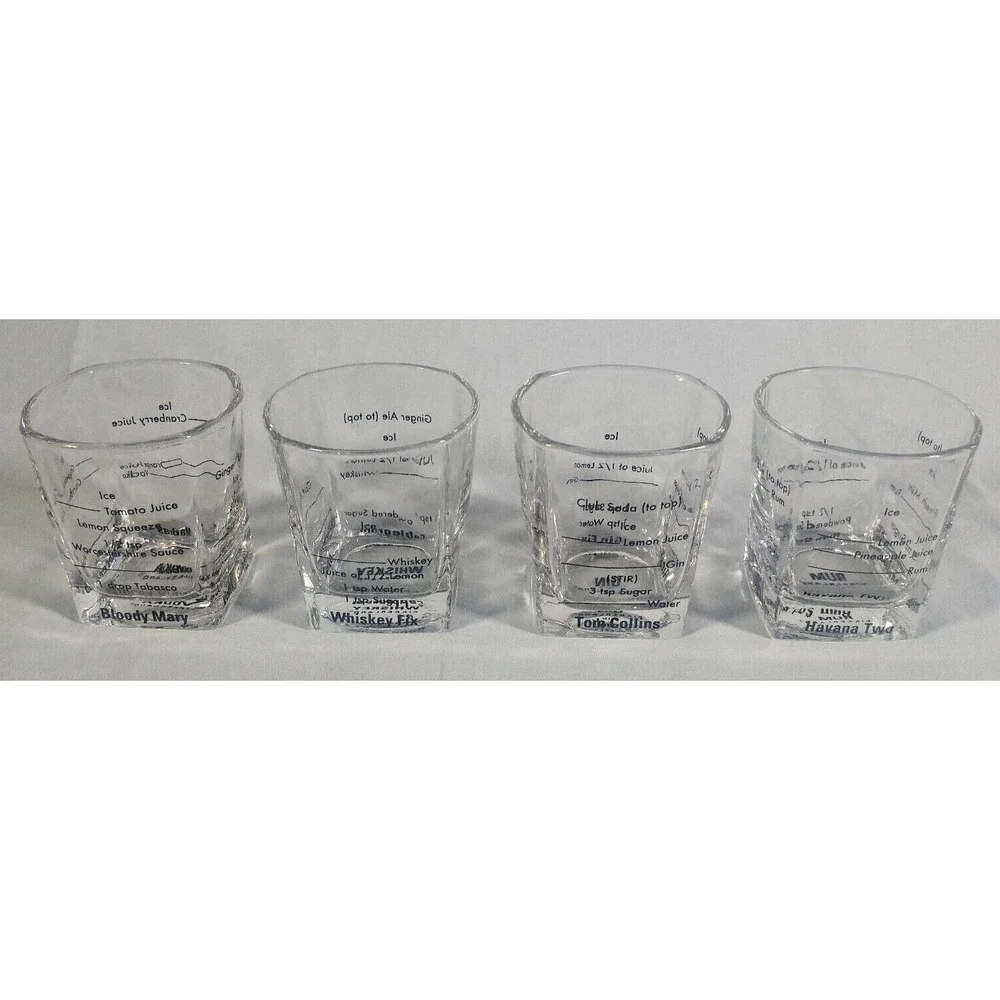 Set of 4 Kikkerland Rocks Glasses Cocktail Recipes Rum Whiskey Gin Vodka